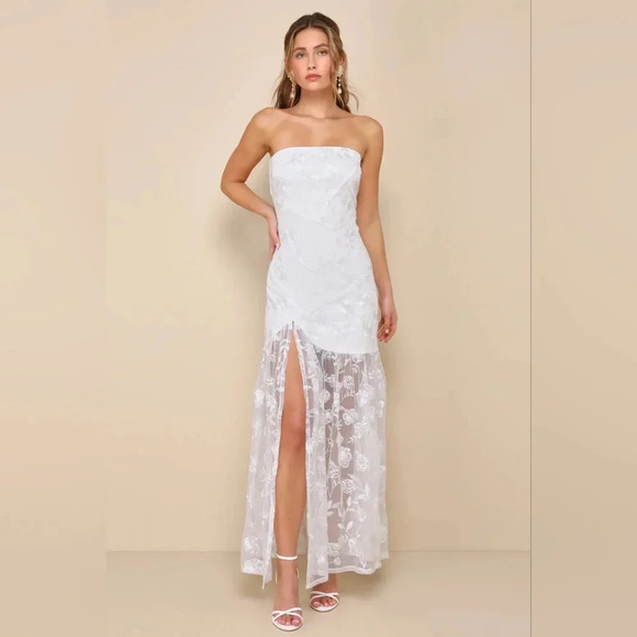 Lulu's Angelic Mood White Floral Embroidered Strapless Maxi Dress L Wedding NWOT - Picture 2 of 11